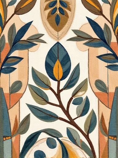 Carta da parati con pattern ispirato ai mosaici mediterranei e foglie d'ulivo.