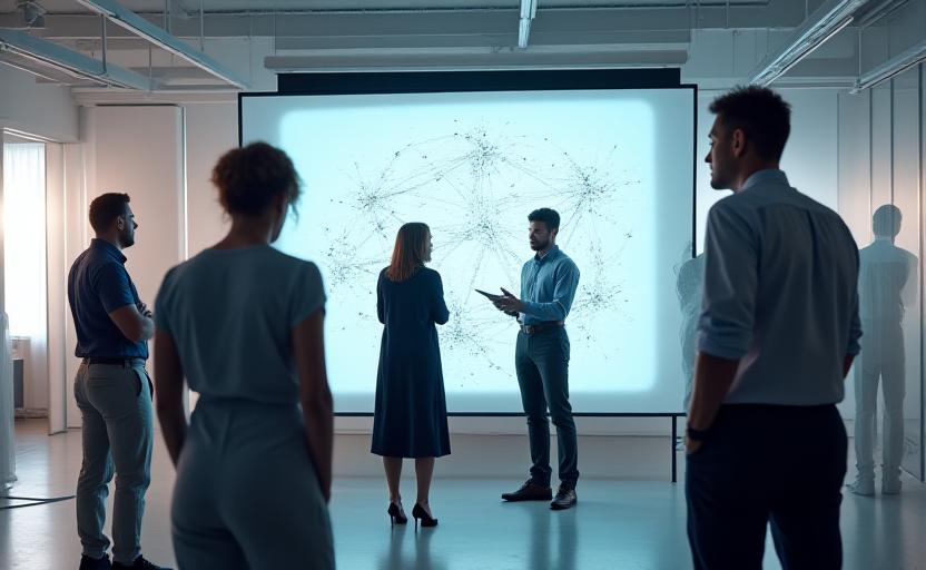 Team che collabora analizzando dati su una lavagna digitale in ufficio